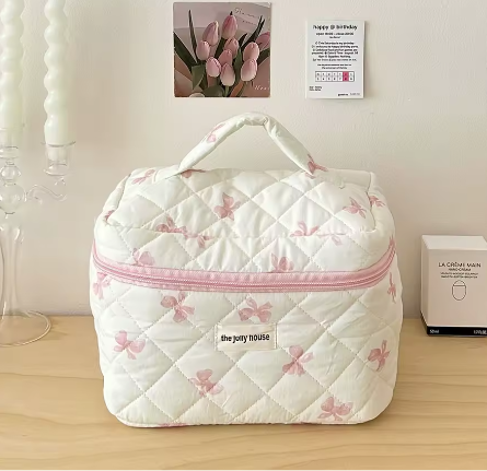 Katoenen Toilettas met Strik – Gewatteerde Make-up Organizer met Ritssluiting voor Dames en Meisjes
