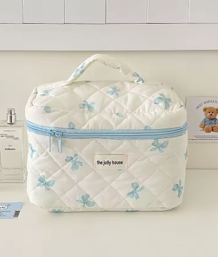 Katoenen Toilettas met Strik – Gewatteerde Make-up Organizer met Ritssluiting voor Dames en Meisjes