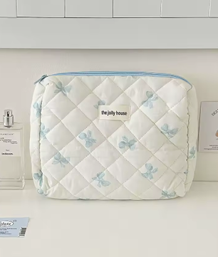 Katoenen Toilettas met Strik – Gewatteerde Make-up Organizer met Ritssluiting voor Dames en Meisjes