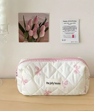 Katoenen Toilettas met Strik – Gewatteerde Make-up Organizer met Ritssluiting voor Dames en Meisjes
