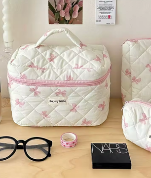 Katoenen Toilettas met Strik – Gewatteerde Make-up Organizer met Ritssluiting voor Dames en Meisjes