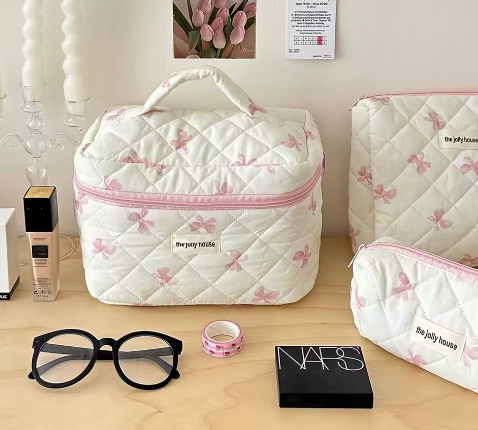 Katoenen Toilettas met Strik – Gewatteerde Make-up Organizer met Ritssluiting voor Dames en Meisjes