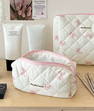 Katoenen Toilettas met Strik – Gewatteerde Make-up Organizer met Ritssluiting voor Dames en Meisjes