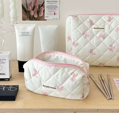 Katoenen Toilettas met Strik – Gewatteerde Make-up Organizer met Ritssluiting voor Dames en Meisjes