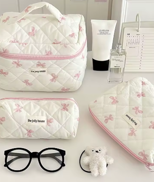 Katoenen Toilettas met Strik – Gewatteerde Make-up Organizer met Ritssluiting voor Dames en Meisjes