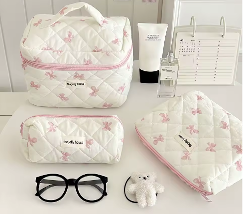 Katoenen Toilettas met Strik – Gewatteerde Make-up Organizer met Ritssluiting voor Dames en Meisjes