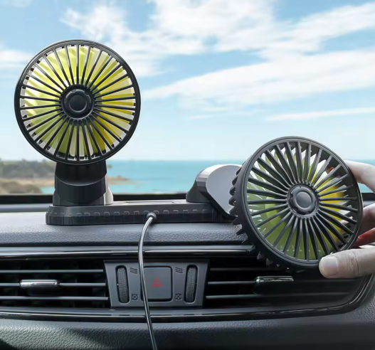 Auto Ventilator Dubbele Kop – 3 Snelheden, 360° Draaibaar, USB en 12V/24V Compatibel