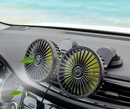 Auto Ventilator Dubbele Kop – 3 Snelheden, 360° Draaibaar, USB en 12V/24V Compatibel