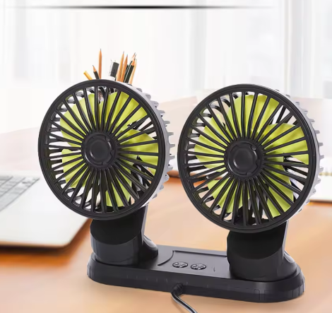 Auto Ventilator Dubbele Kop – 3 Snelheden, 360° Draaibaar, USB en 12V/24V Compatibel