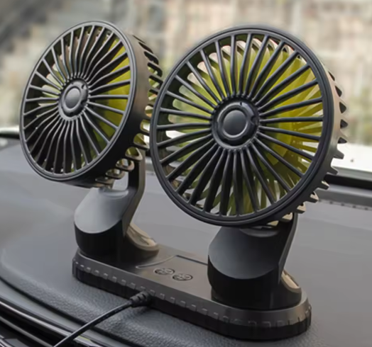 Auto Ventilator Dubbele Kop – 3 Snelheden, 360° Draaibaar, USB en 12V/24V Compatibel