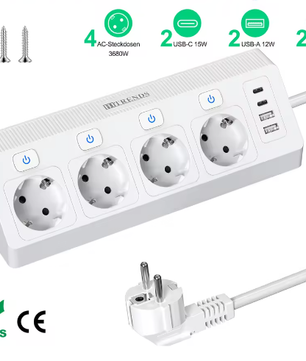 Desktop Stekkerdoos met USB en Individuele Schakelaars – 2 m Verlengsnoer