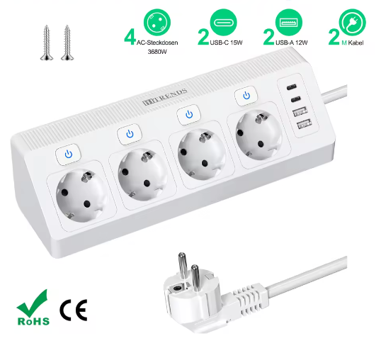 Desktop Stekkerdoos met USB en Individuele Schakelaars – 2 m Verlengsnoer