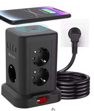Stekkerdoos met Draadloos Opladen en USB – Desktop Stopcontact met 2 m Kabel