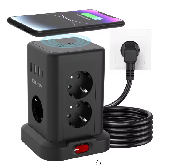 Stekkerdoos met Draadloos Opladen en USB – Desktop Stopcontact met 2 m Kabel