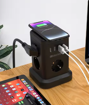 Stekkerdoos met Draadloos Opladen en USB – Desktop Stopcontact met 2 m Kabel