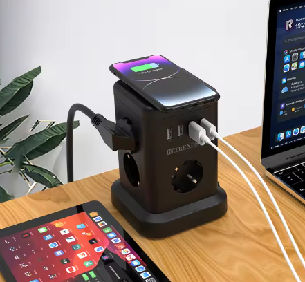 Stekkerdoos met Draadloos Opladen en USB – Desktop Stopcontact met 2 m Kabel