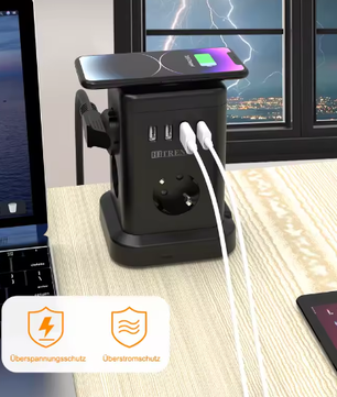 Stekkerdoos met Draadloos Opladen en USB – Desktop Stopcontact met 2 m Kabel