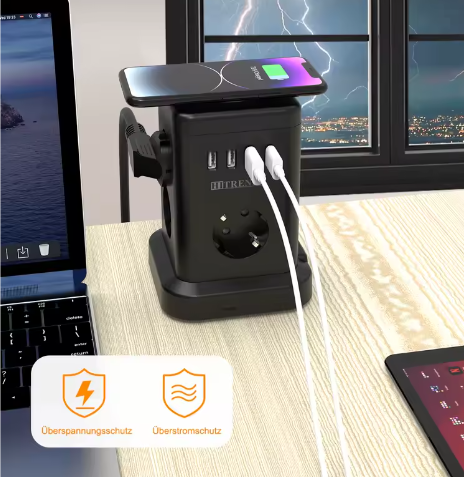Stekkerdoos met Draadloos Opladen en USB – Desktop Stopcontact met 2 m Kabel