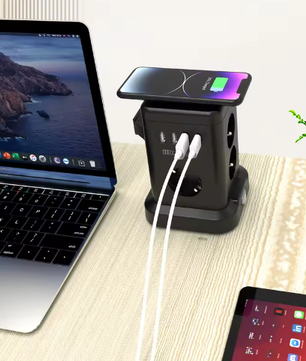 Stekkerdoos met Draadloos Opladen en USB – Desktop Stopcontact met 2 m Kabel