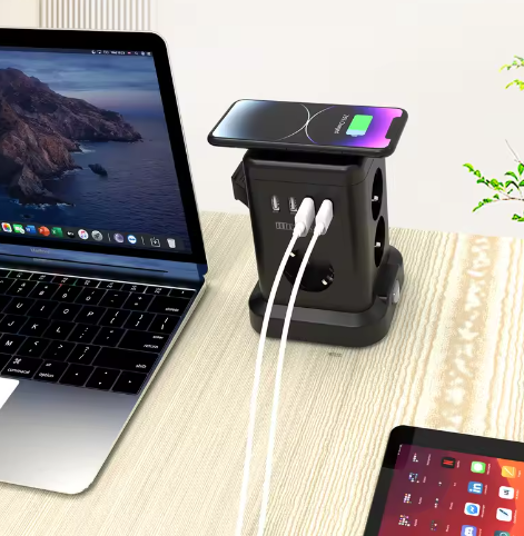 Stekkerdoos met Draadloos Opladen en USB – Desktop Stopcontact met 2 m Kabel