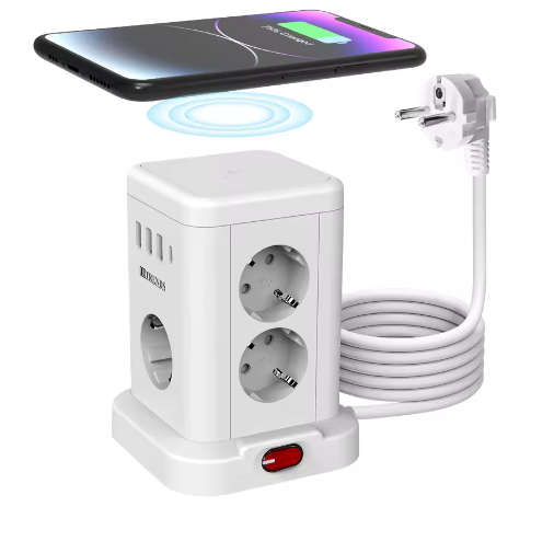 Stekkerdoos met Draadloos Opladen en USB – Desktop Stopcontact met 2 m Kabel