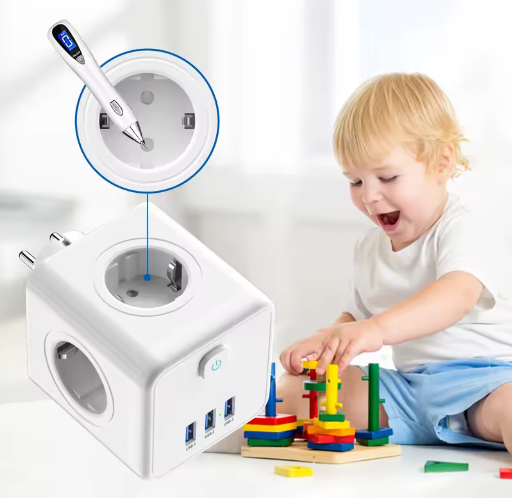 Stekkerdoos Kubus met 4 Stopcontacten en 3 USB Snelladen