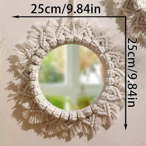 Macramé Spiegel Wanddecoratie – Boho Geweven Muurspiegel met Kwastjes voor Woonkamer en Slaapkamer