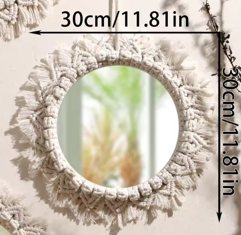 Macramé Spiegel Wanddecoratie – Boho Geweven Muurspiegel met Kwastjes voor Woonkamer en Slaapkamer