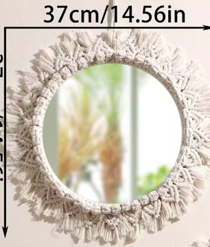 Macramé Spiegel Wanddecoratie – Boho Geweven Muurspiegel met Kwastjes voor Woonkamer en Slaapkamer