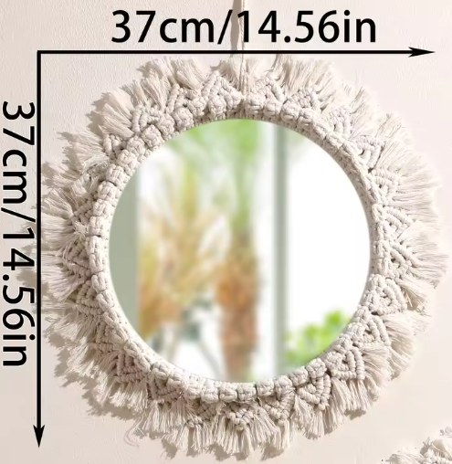 Macramé Spiegel Wanddecoratie – Boho Geweven Muurspiegel met Kwastjes voor Woonkamer en Slaapkamer