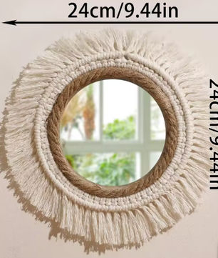 Macramé Spiegel Wanddecoratie – Boho Geweven Muurspiegel met Kwastjes voor Woonkamer en Slaapkamer