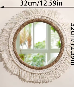 Macramé Spiegel Wanddecoratie – Boho Geweven Muurspiegel met Kwastjes voor Woonkamer en Slaapkamer
