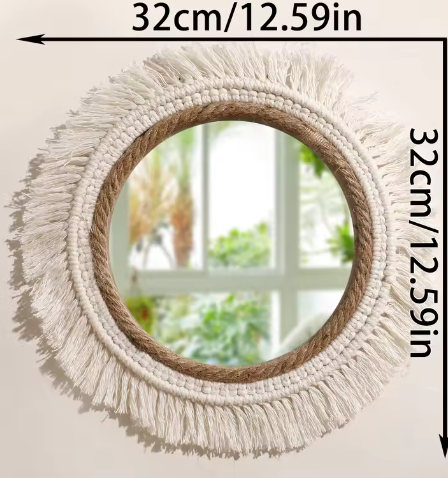 Macramé Spiegel Wanddecoratie – Boho Geweven Muurspiegel met Kwastjes voor Woonkamer en Slaapkamer