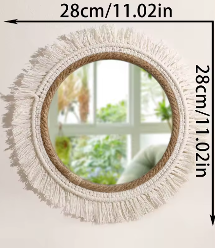 Macramé Spiegel Wanddecoratie – Boho Geweven Muurspiegel met Kwastjes voor Woonkamer en Slaapkamer