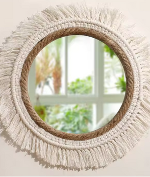 Macramé Spiegel Wanddecoratie – Boho Geweven Muurspiegel met Kwastjes voor Woonkamer en Slaapkamer