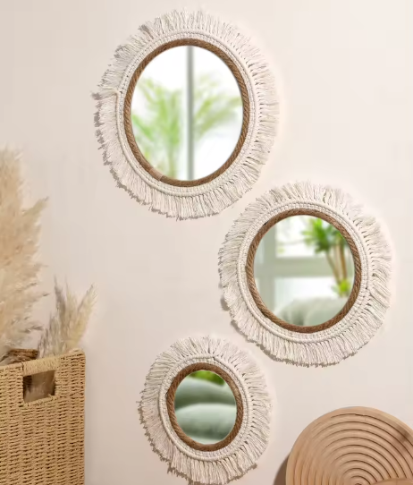 Macramé Spiegel Wanddecoratie – Boho Geweven Muurspiegel met Kwastjes voor Woonkamer en Slaapkamer