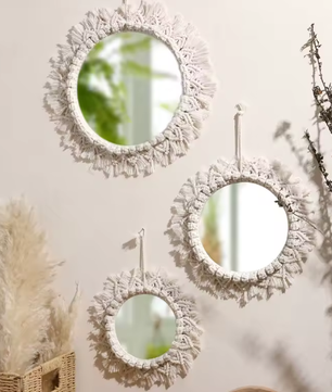 Macramé Spiegel Wanddecoratie – Boho Geweven Muurspiegel met Kwastjes voor Woonkamer en Slaapkamer