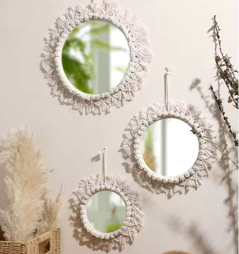 Macramé Spiegel Wanddecoratie – Boho Geweven Muurspiegel met Kwastjes voor Woonkamer en Slaapkamer