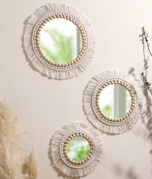 Macramé Spiegel Wanddecoratie – Boho Geweven Muurspiegel met Kwastjes voor Woonkamer en Slaapkamer