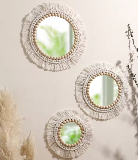 Macramé Spiegel Wanddecoratie – Boho Geweven Muurspiegel met Kwastjes voor Woonkamer en Slaapkamer