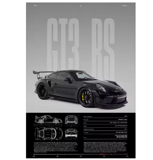Minimalistische Sportwagen Poster op Canvas – GT3-RS Stijl Supercar Wanddecoratie voor Interieur