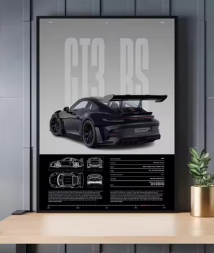 Minimalistische Sportwagen Poster op Canvas – GT3-RS Stijl Supercar Wanddecoratie voor Interieur