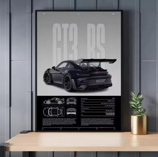 Minimalistische Sportwagen Poster op Canvas – GT3-RS Stijl Supercar Wanddecoratie voor Interieur