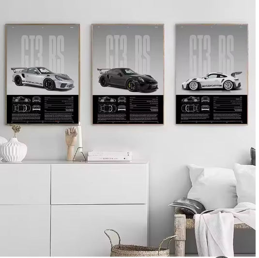 Minimalistische Sportwagen Poster op Canvas – GT3-RS Stijl Supercar Wanddecoratie voor Interieur