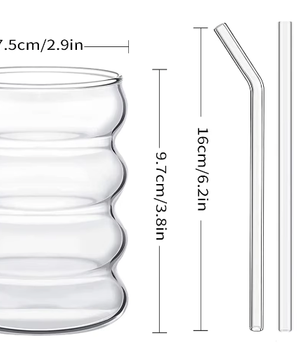 Set van 4 Geribbelde Glazen Drinkglazen met Rietjes – Vintage Koffiemokken van Borosilicaatglas