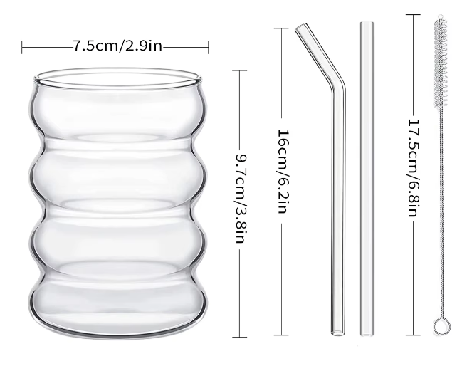 Set van 4 Geribbelde Glazen Drinkglazen met Rietjes – Vintage Koffiemokken van Borosilicaatglas