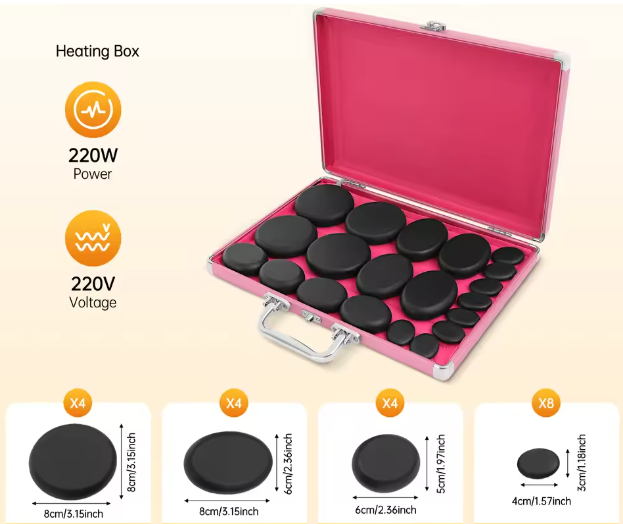 20-delige Hot Stone Massageset met Verwarmingsbox – Basalt Massagestenen voor Professionele Spa en Ontspanning