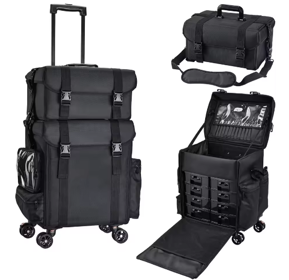 Professionele Rollende Make-up Koffer – Nylon Organizer met Wielen voor Reizen