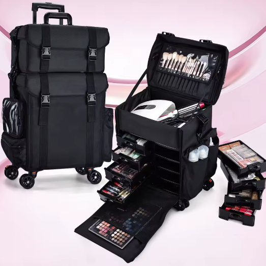 Professionele Rollende Make-up Koffer – Nylon Organizer met Wielen voor Reizen