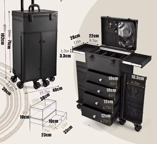 Professionele Make-up Trolley met 4 Laden – Rollende Koffer met Grote Opbergruimte